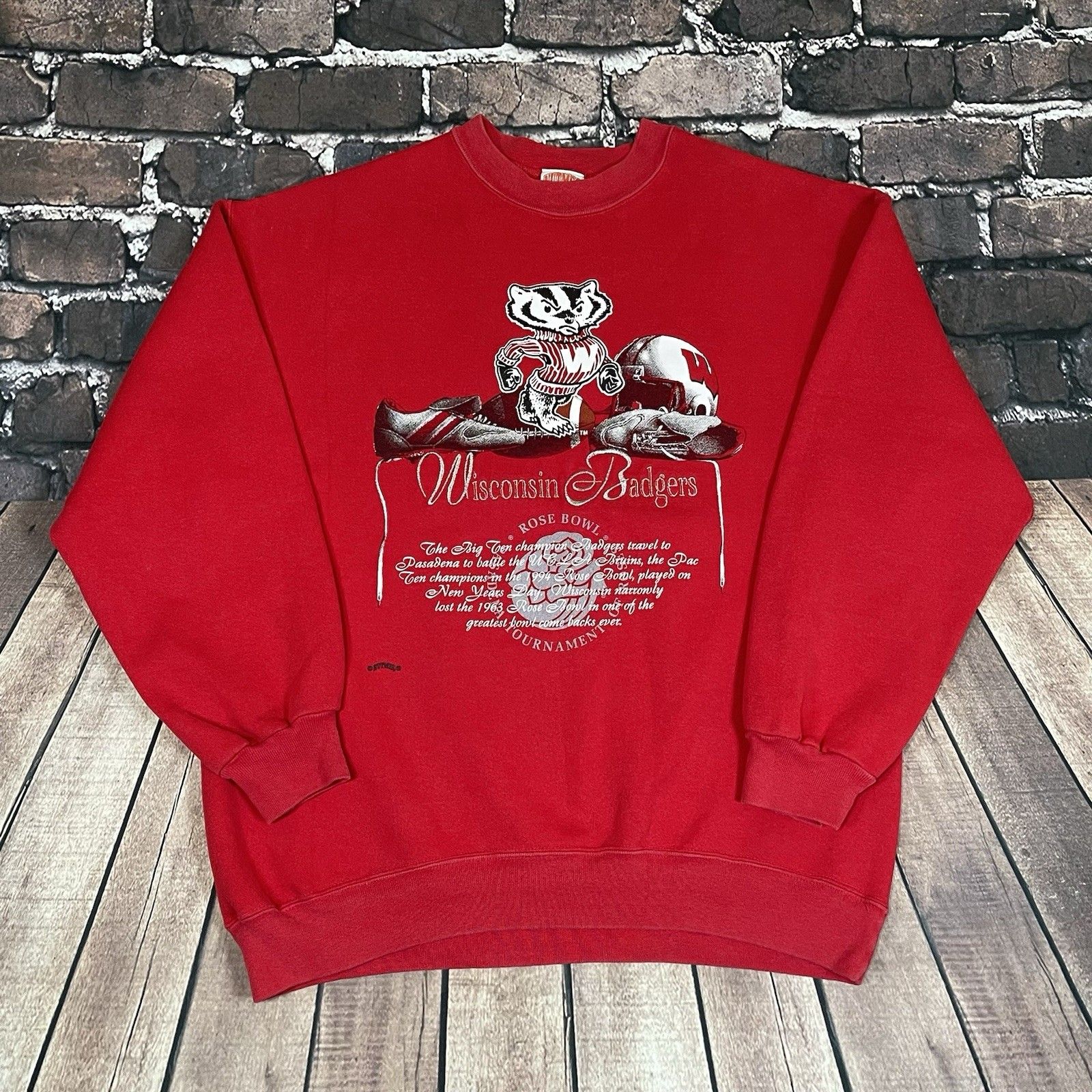 Vintage Wisconsin Badgers Nutmeg Sweatshirt Mens Medium Rose Bowl Ncaa Red 90s